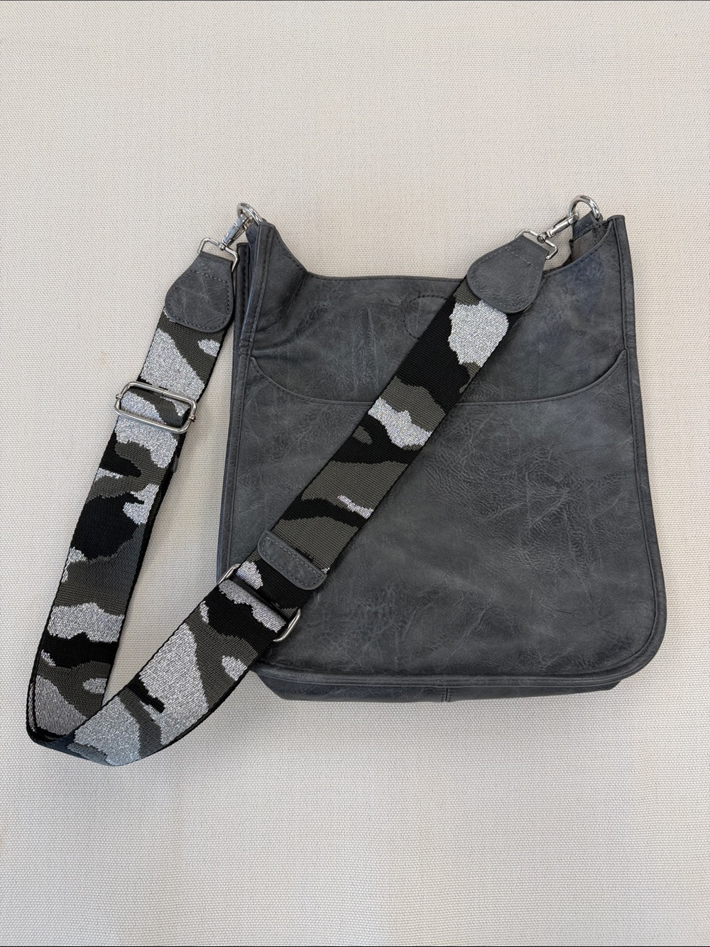 Gray AhDorned Crossbody Bag with Camouflage Strap!